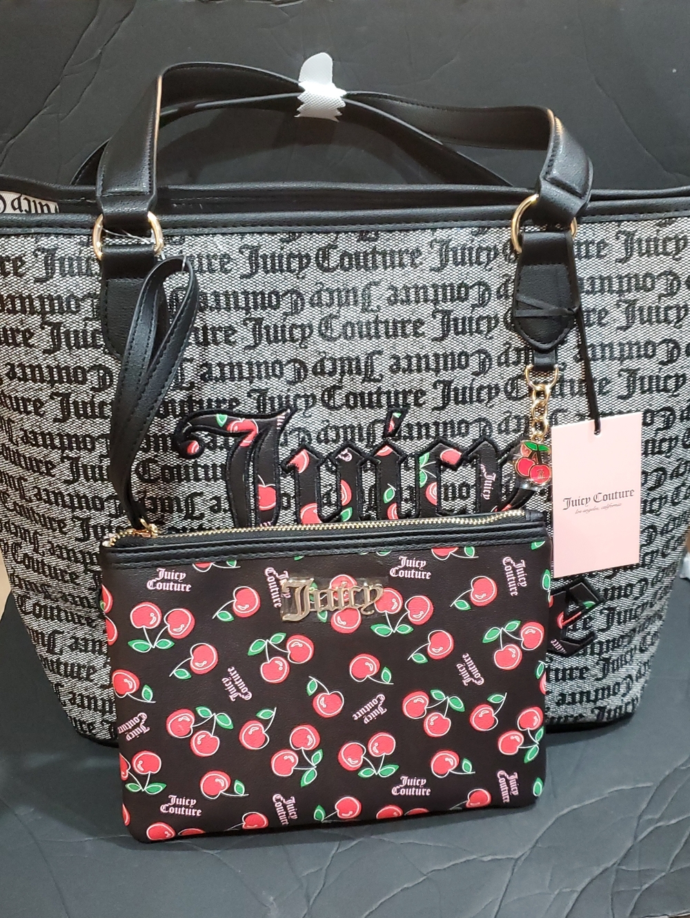 Juicy Couture black beigeβ let's go girls large cherry print black tote bag new